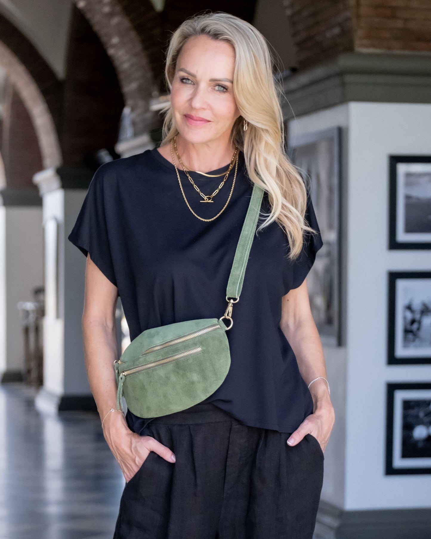 Moonlight Magic Double Zip Sling Bag | Suede Green