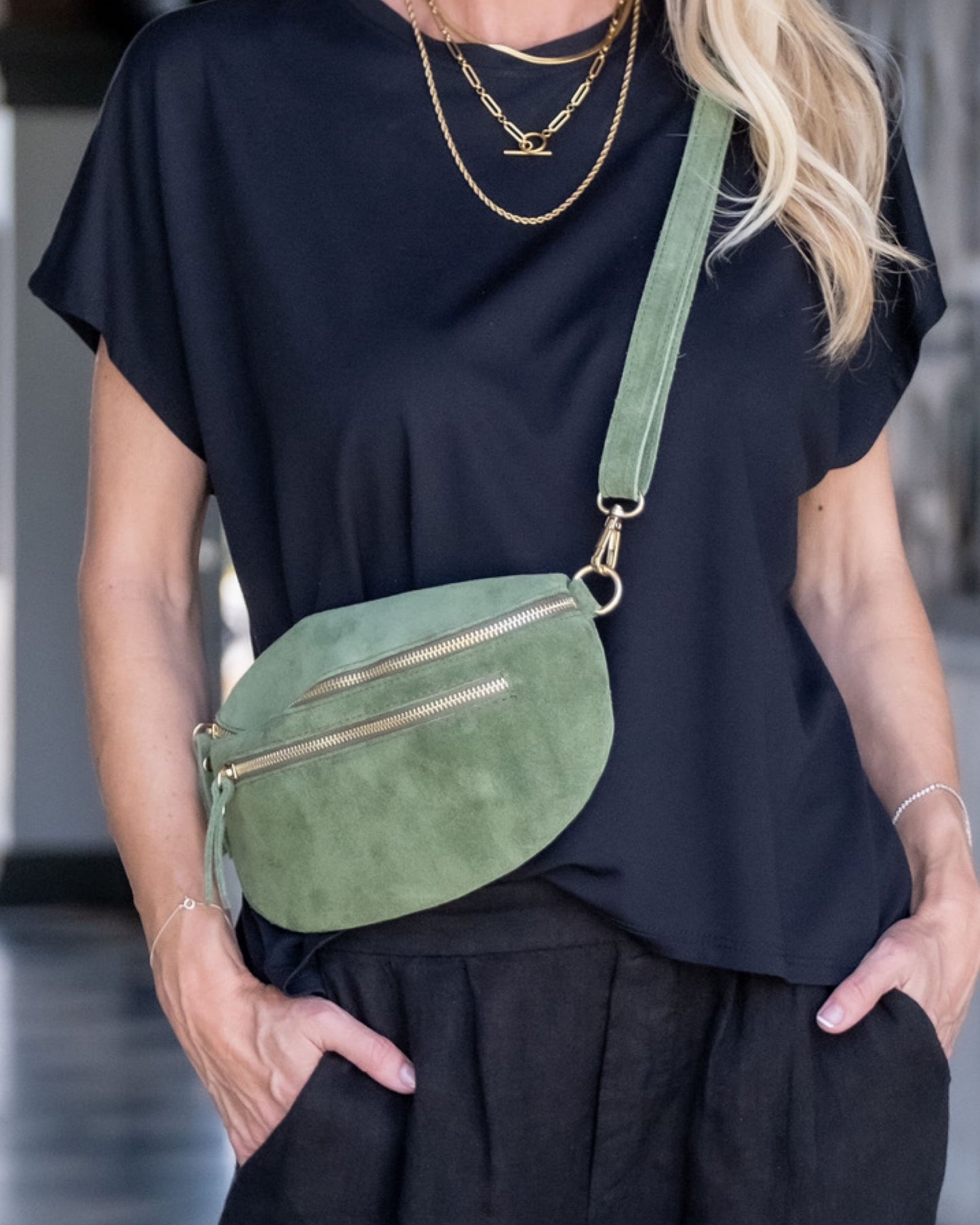 Moonlight Magic Double Zip Sling Bag | Suede Green