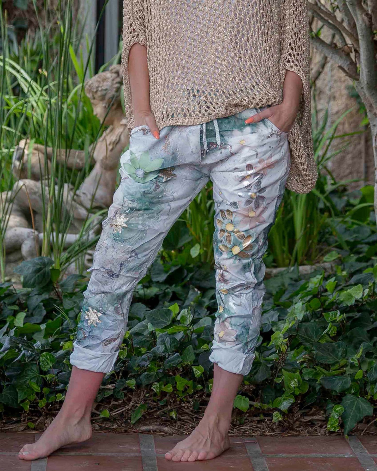 Crystal Bloom Drawstring Pants | Emerald