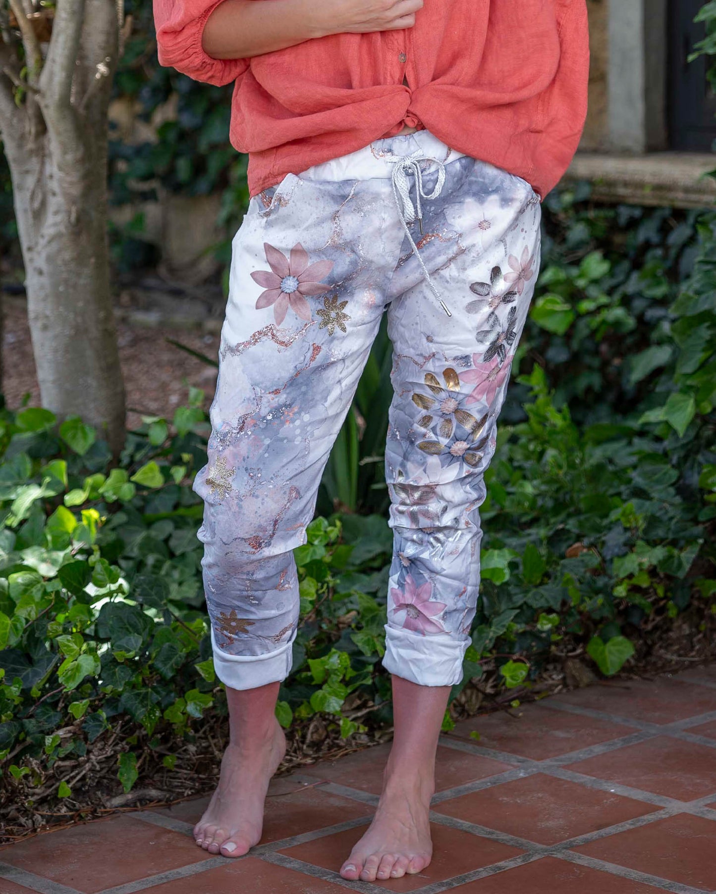 Crystal Bloom Drawstring Pants | Grey