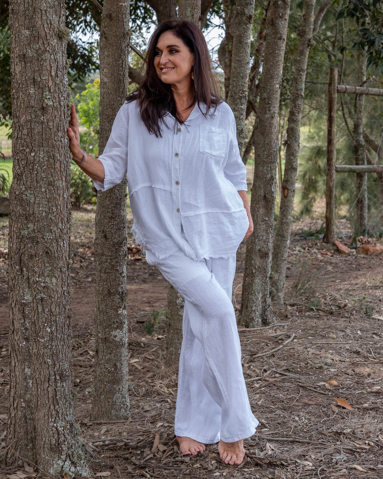 The perfect blend of comfort and style. These high-waisted pants feature an elasticated waistband with a functional drawstring. The slight wide-leg design creates a relaxed yet elegant silhouette, making these pants a versatile choice for any occasion.&nbsp;Designed with deep side pockets, these pants are as practical as they are chic, offering ample space to carry your essentials. Crafted from pure linen, they provide a breathable and lightweight feel, keeping you cool and comfortable throughout the day